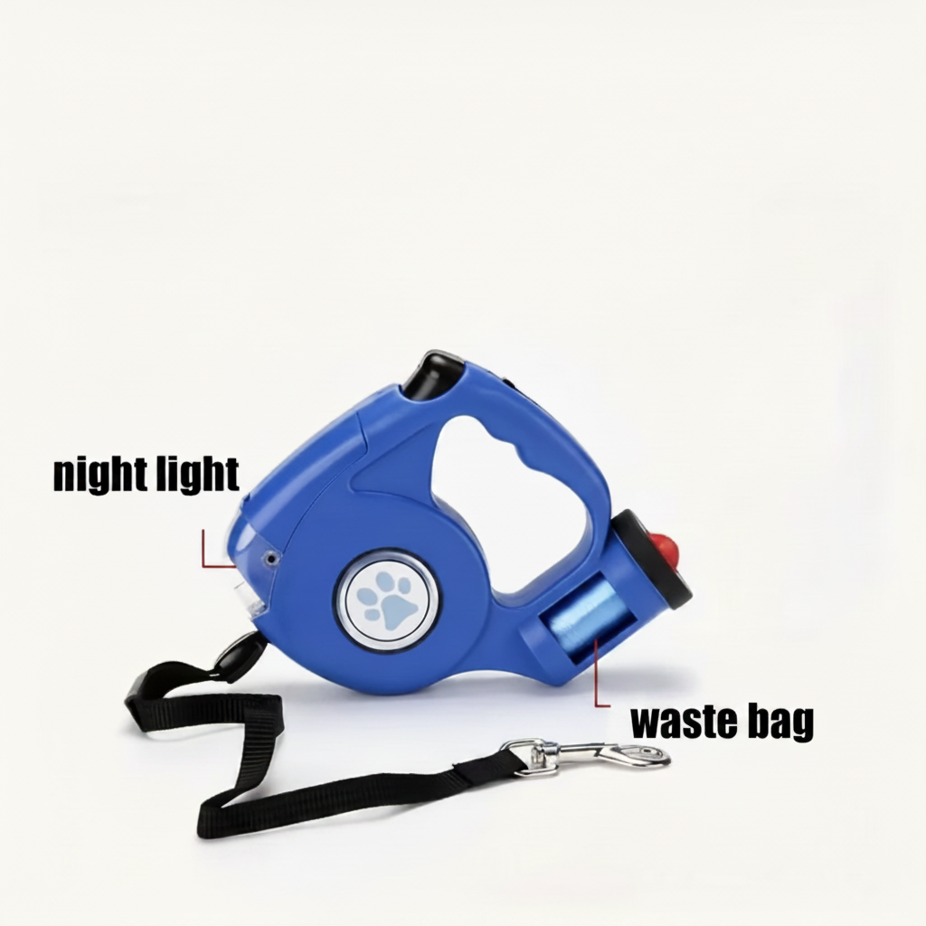 Blue Retractable Dog Leash - Waste Bag Label